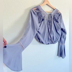 Long Flare-Sleeved Lace Detail Crop Top